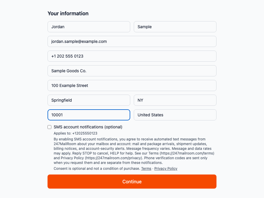 Live fulfillment signup form with sample data, showing the optional SMS account notifications checkbox unchecked, the number it applies to, and the full disclosure