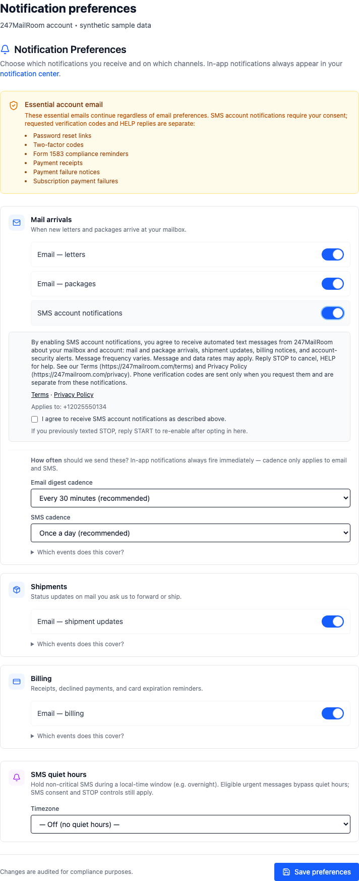 Sample notification preferences screen for SMS account notifications